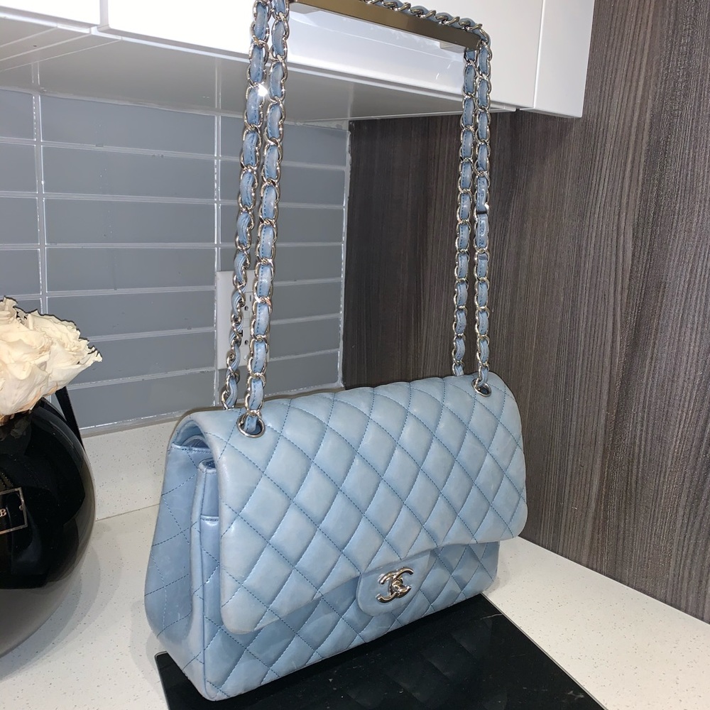 $8K CHANEL JUMBO CLASSIC - LAMBSKIN - POWDER BLUE - Picture 12 of 16